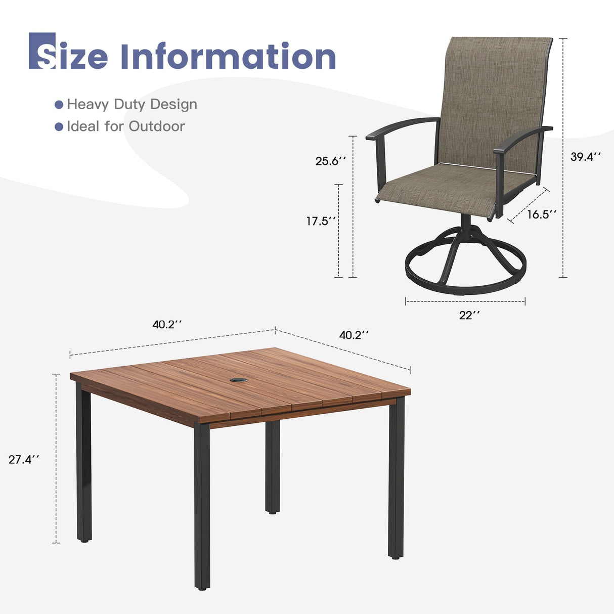 Vicllax 5pcs Outdoor Dining Set, Square Metal Table and 4 Textilene Swivel Chairs