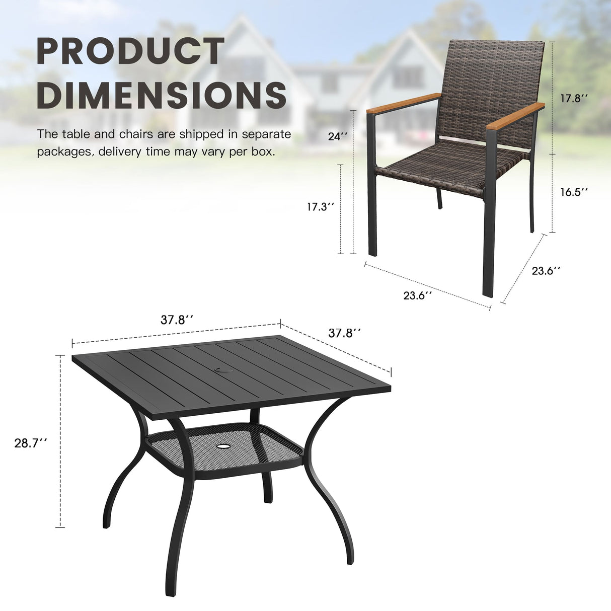Vicllax 5 Pieces Outdoor Dining Set, 37.8"Square dining Table and 4 Stackable Metal Armchairs