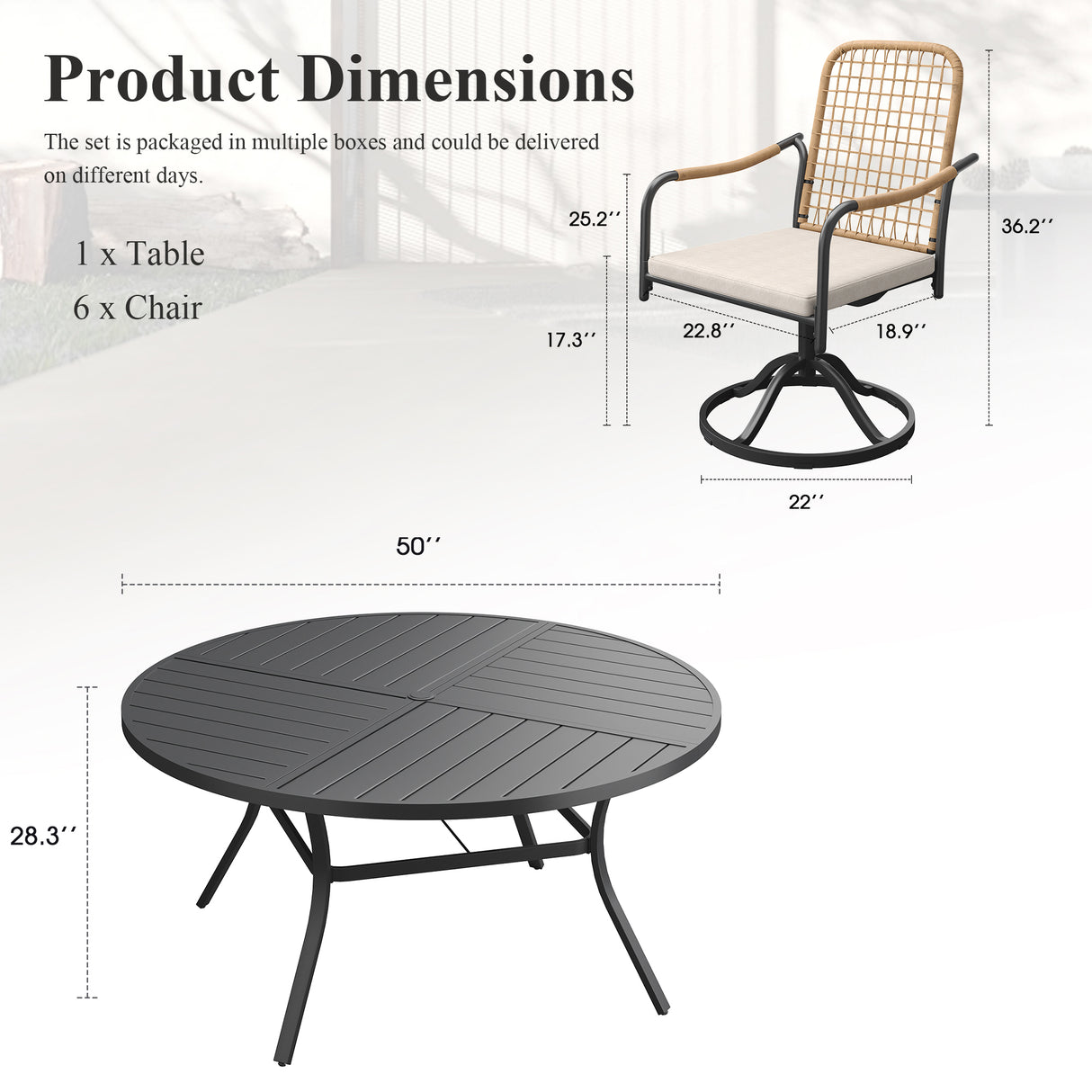 VICLLAX 7-Piece Outdoor Dining Set, 50” Round Metal Table with Umbrella Hole & Solana Swivel Chair