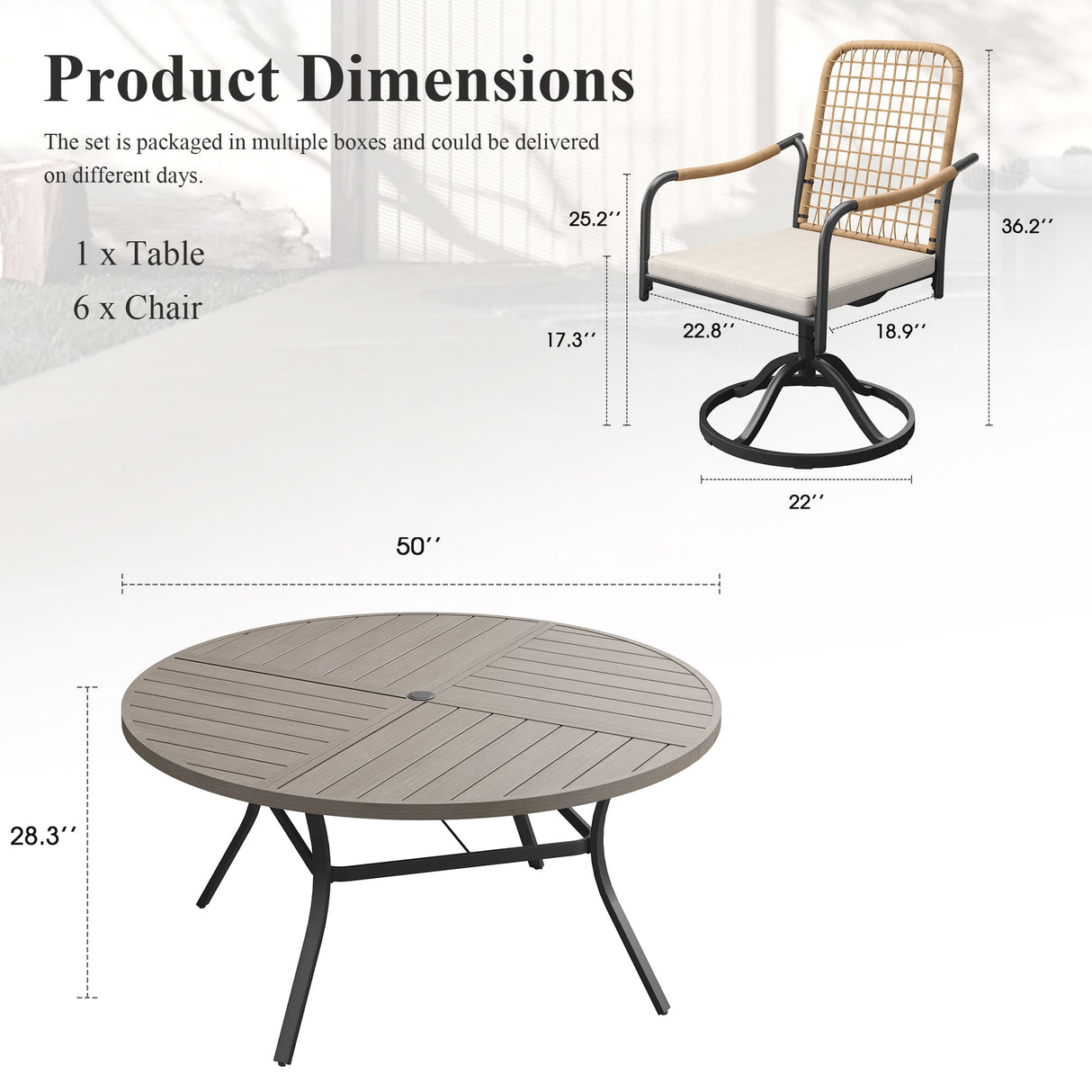 VICLLAX 7-Piece Outdoor Dining Set, 50” Round Metal Table with Umbrella Hole & Solana Swivel Chair