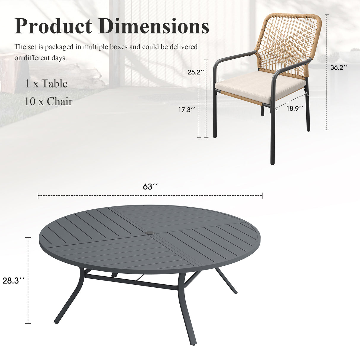Vicllax Round Patio Dining Table for 10, 63" Outdoor Large Metal Round Table and Alora Stackable Chair