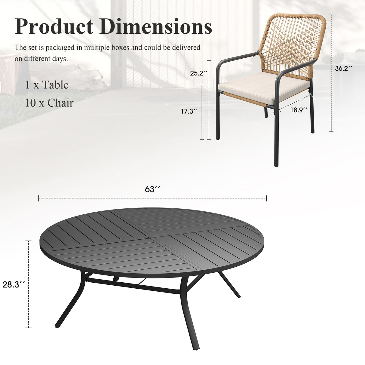 Vicllax Round Patio Dining Table for 10, 63" Outdoor Large Metal Round Table and Alora Stackable Chair