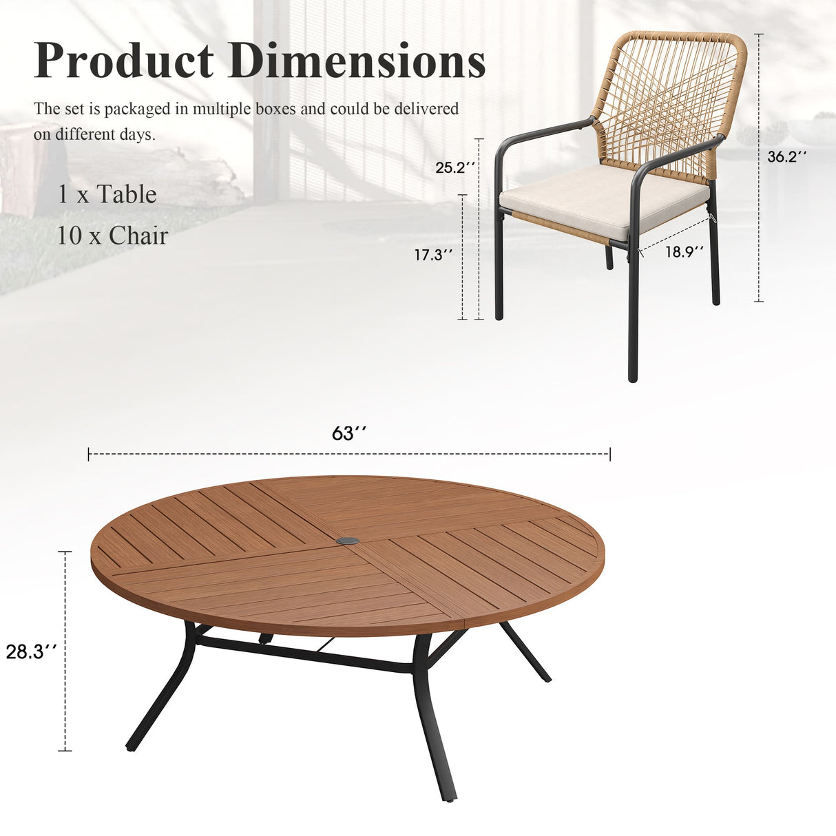 Vicllax Round Patio Dining Table for 10, 63" Outdoor Large Metal Round Table and Alora Stackable Chair