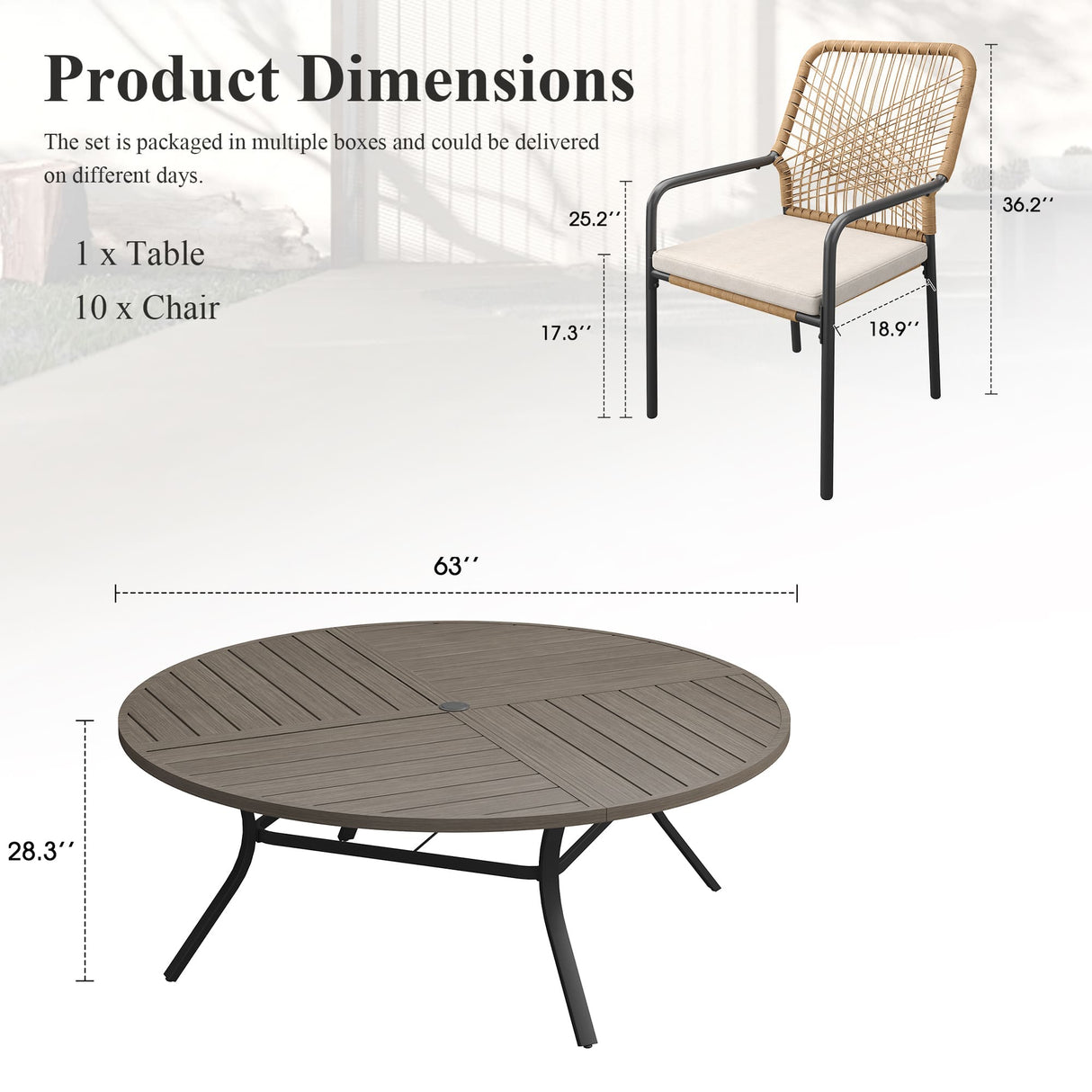 Vicllax Round Patio Dining Table for 10, 63" Outdoor Large Metal Round Table and Alora Stackable Chair