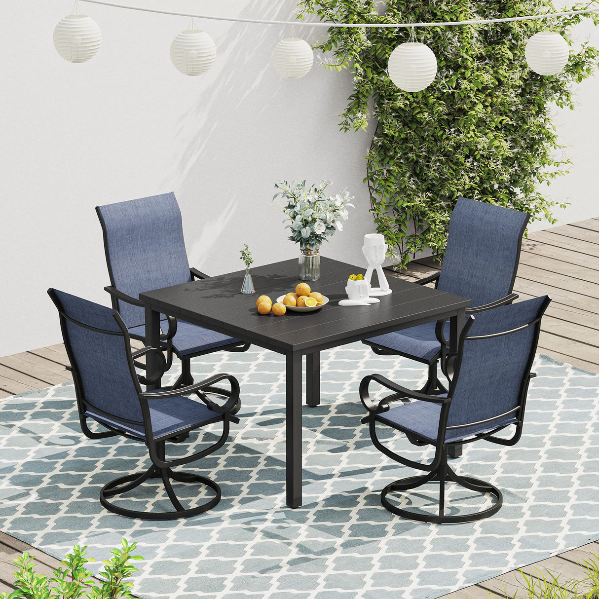 Vicllax 5 Pieces Outdoor Dining Set, Metal Sqaure Table with Umbrella Hole and Swivel Dining Chairs