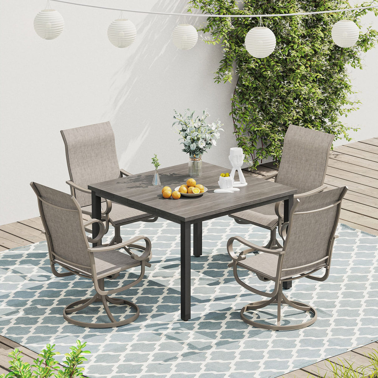 Vicllax 5 Pieces Outdoor Dining Set, Metal Sqaure Table with Umbrella Hole and Swivel Dining Chairs