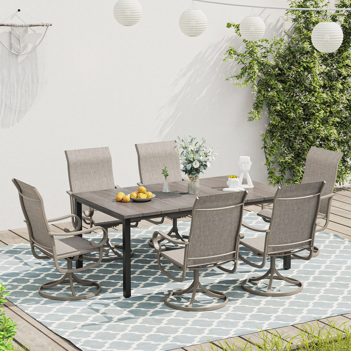 Vicllax 5 Pieces Outdoor Dining Set, Metal Sqaure Table with Umbrella Hole and Swivel Dining Chairs