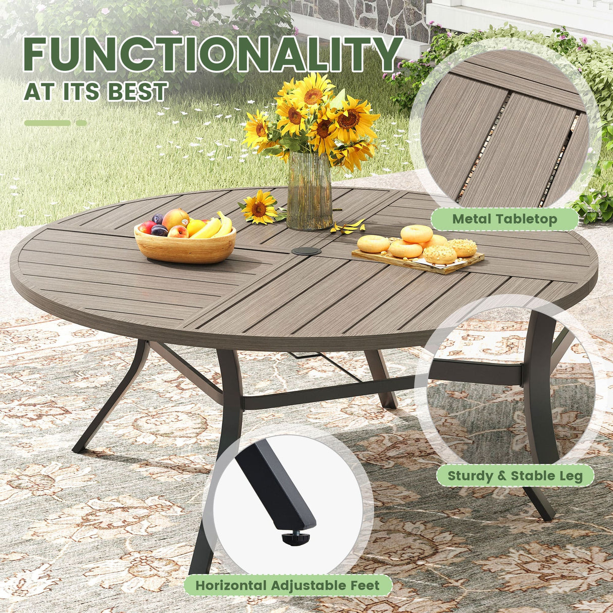 VICLLAX 9-pcs Outdoor Dining Set, 63” Round Metal Table with Umbrella Hole & 8 Swivel Textilene Chairs