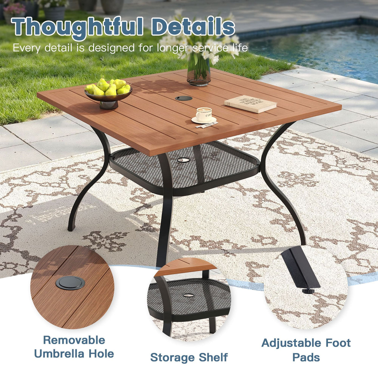 Vicllax 5 Pcs Outdoor Dining Set, Square Metal Table with Storage Shelf and 4 Swivel Chairs