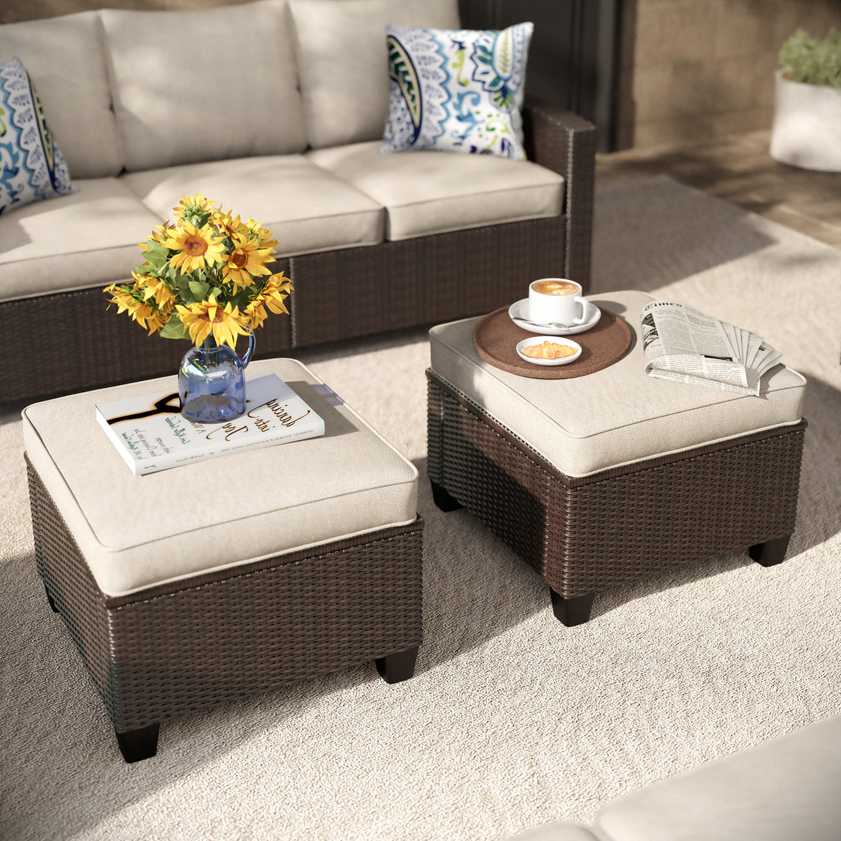 Vicllax Wicker Outdoor Conversation Sofa, Love Seat Glider, Chairs and Ottomans