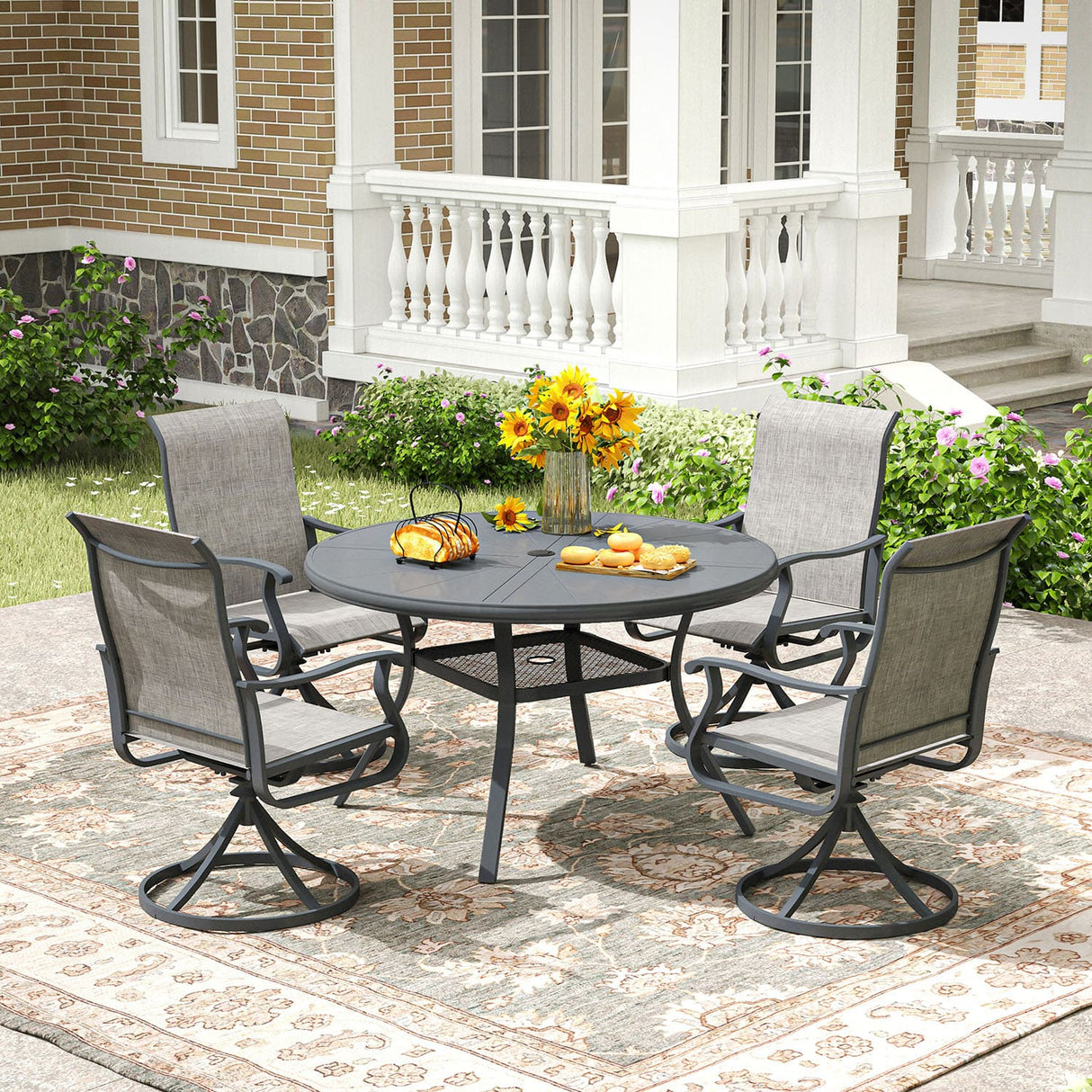 Vicllax Outdoor Round Dining Table, Patio Aluminum Tabletop with Storage Shelf