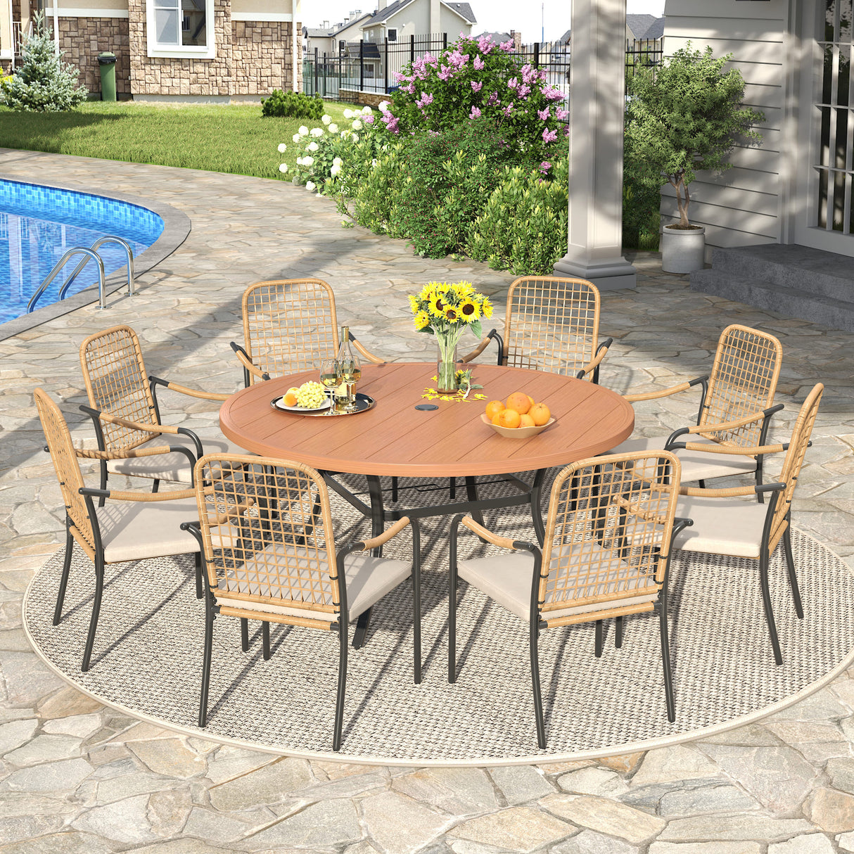 Vicllax 9-Piece Outdoor Dining Set, 53” Round Metal Table with Umbrella Hole and Solana Stackable Chair