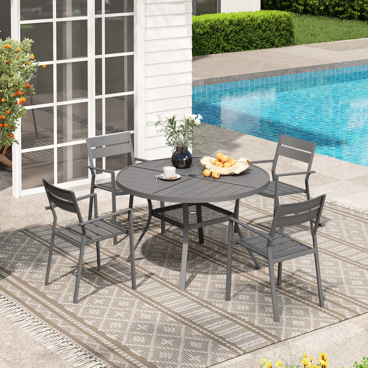 Vicllax 5 Pieces Outdoor Dining Set with 47" Round Metal Table and Armrest Chairs