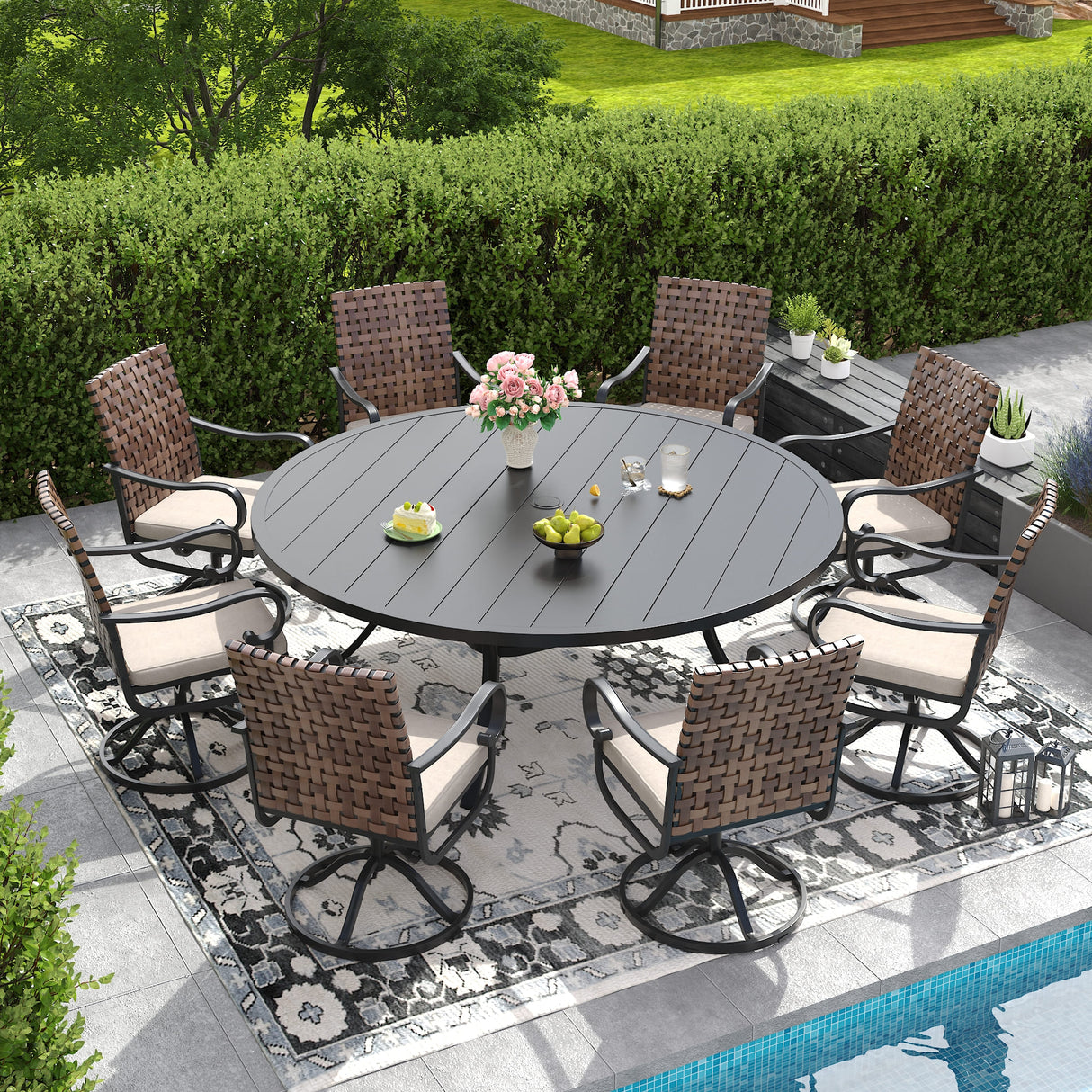 Vicllax 9 PCS Patio Dining Table Set, 60" / 63" Round Metal Table and Sierra Swivel Chair