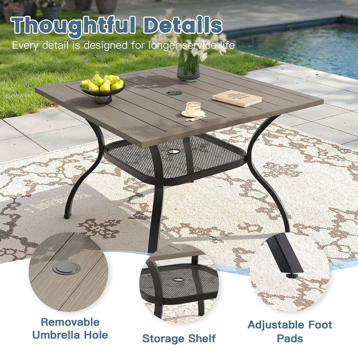 Vicllax 5 Pcs Outdoor Dining Set, Square Metal Table with Storage Shelf and 4 Swivel Chairs