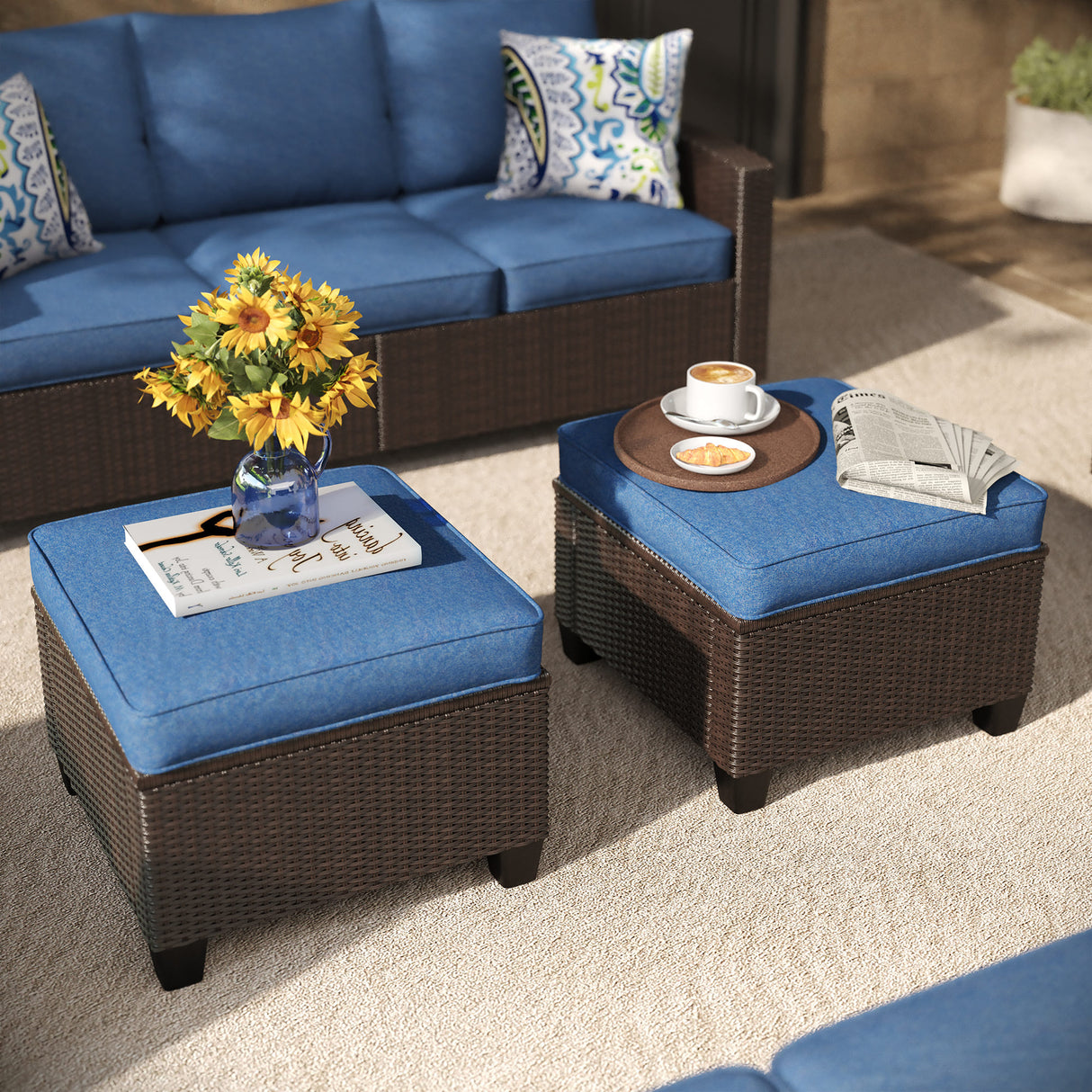 Vicllax Wicker Outdoor Conversation Sofa, Love Seat Glider, Chairs and Ottomans