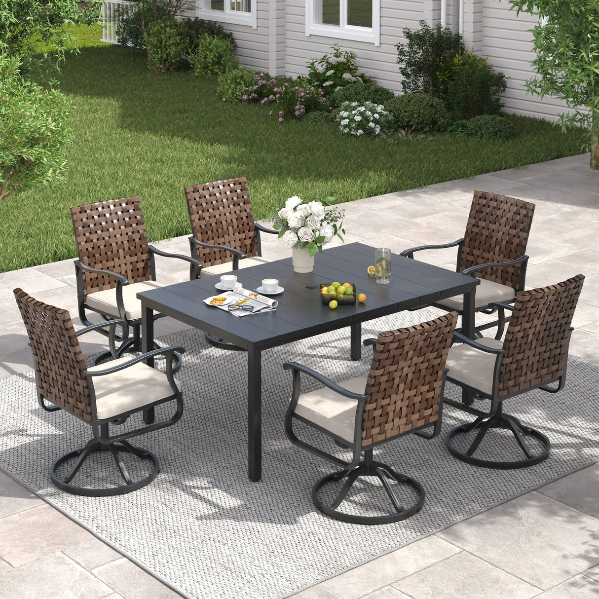 Vicllax 7 pcs Outdoor Dining Set, Rectangular Metal Table and Sienna Swivel Chairs