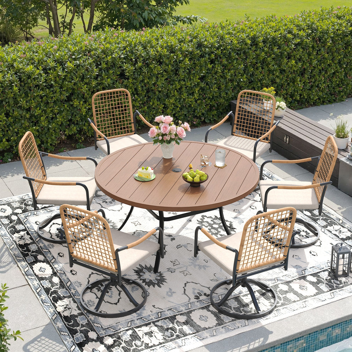 Vicllax 7-Piece Outdoor Dining Set, 50” Round Metal Table with Umbrella Hole & Solana Swivel Chair