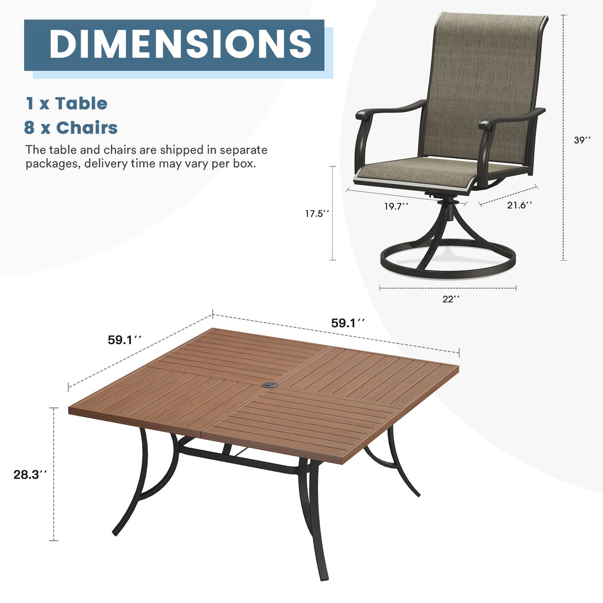Vicllax 9 Pieces Outdoor Dining Set with 59" Square Dining Table and Swivel Chairs