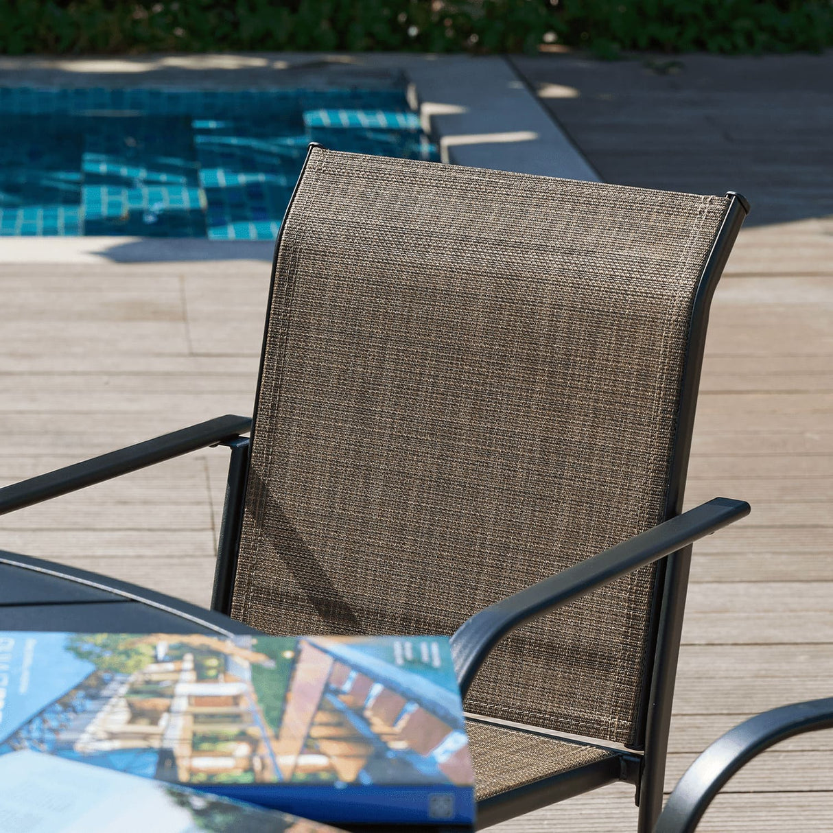 Vicllax 5 Pieces Outdoor Dining Set, 37.8" Square Metal Table and Stackable Sling Chairs