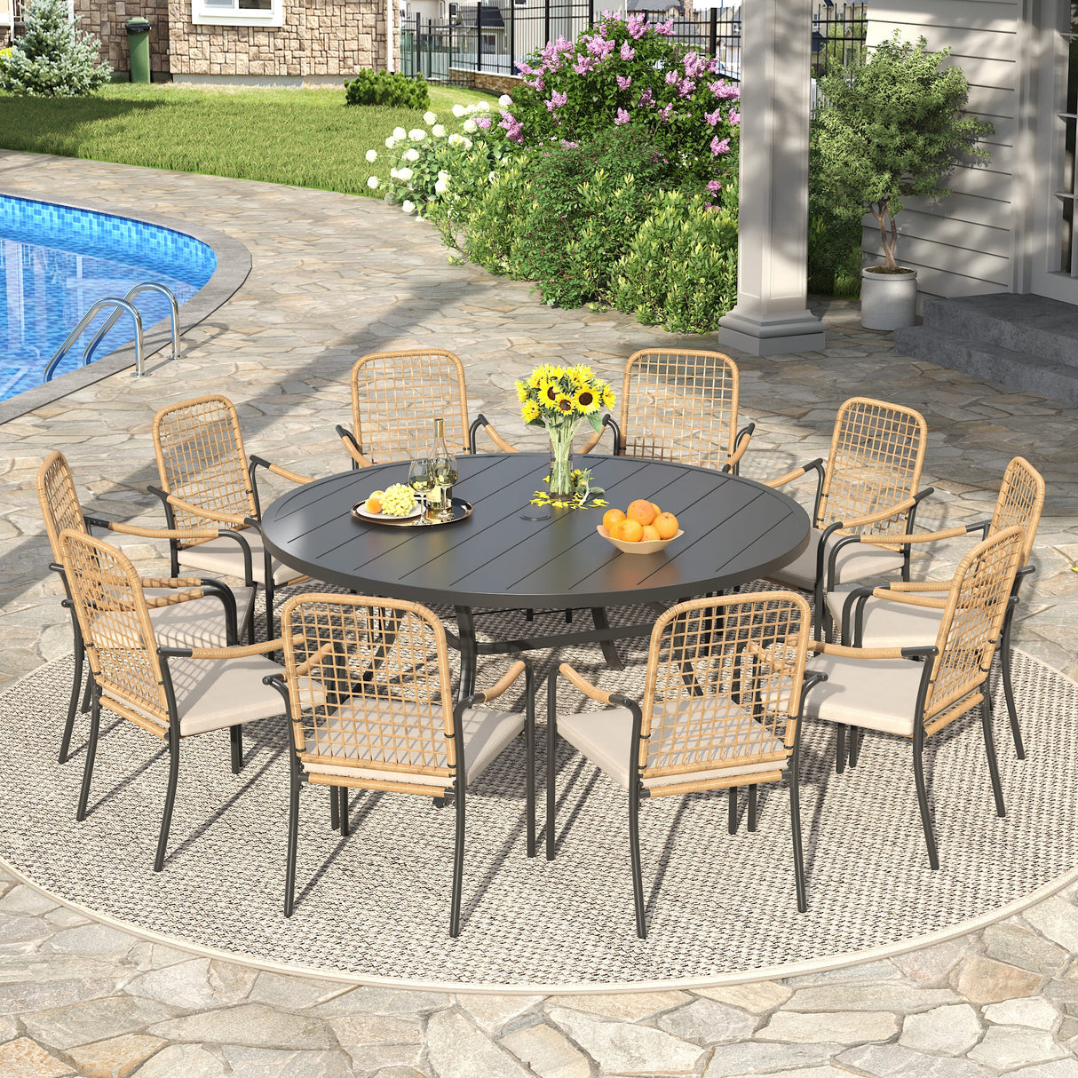 Vicllax 11 PCS Patio Dining Table Set, 60" Round Metal Table and Solana Stackable Chair