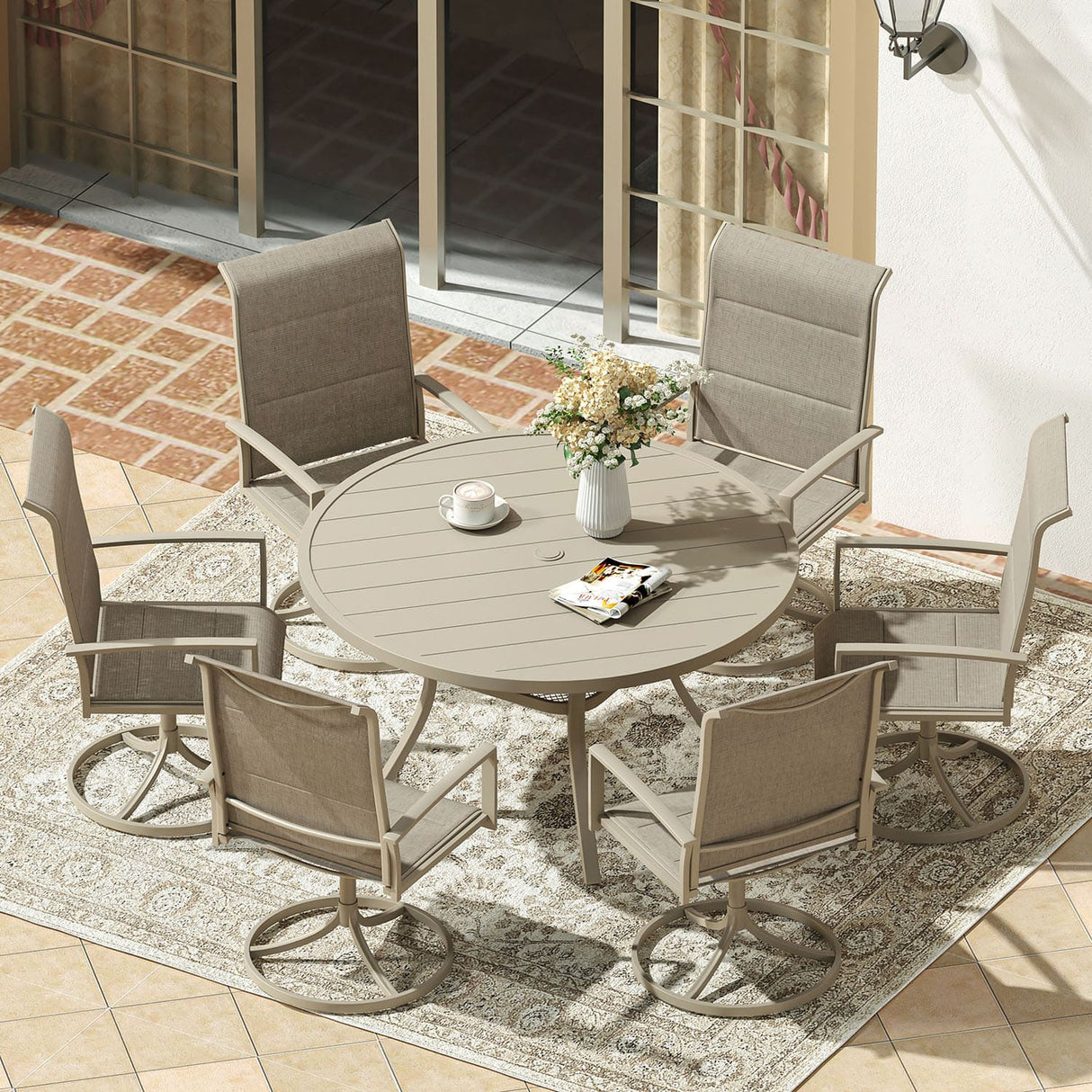 Vicllax 7 Pieces Outdoor Dining Set with 48" Round Dining Table and Swivel Chairs