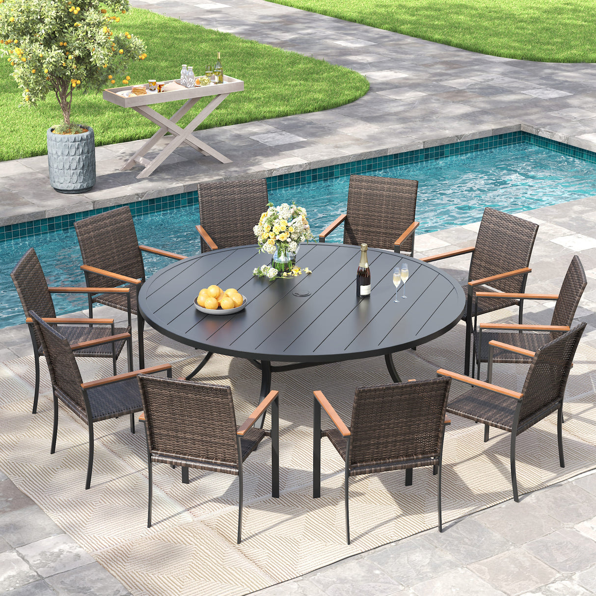 Vicllax 11 Pieces Outdoor Dining Set, 60"Round Table and 10 Stackable Armchairs