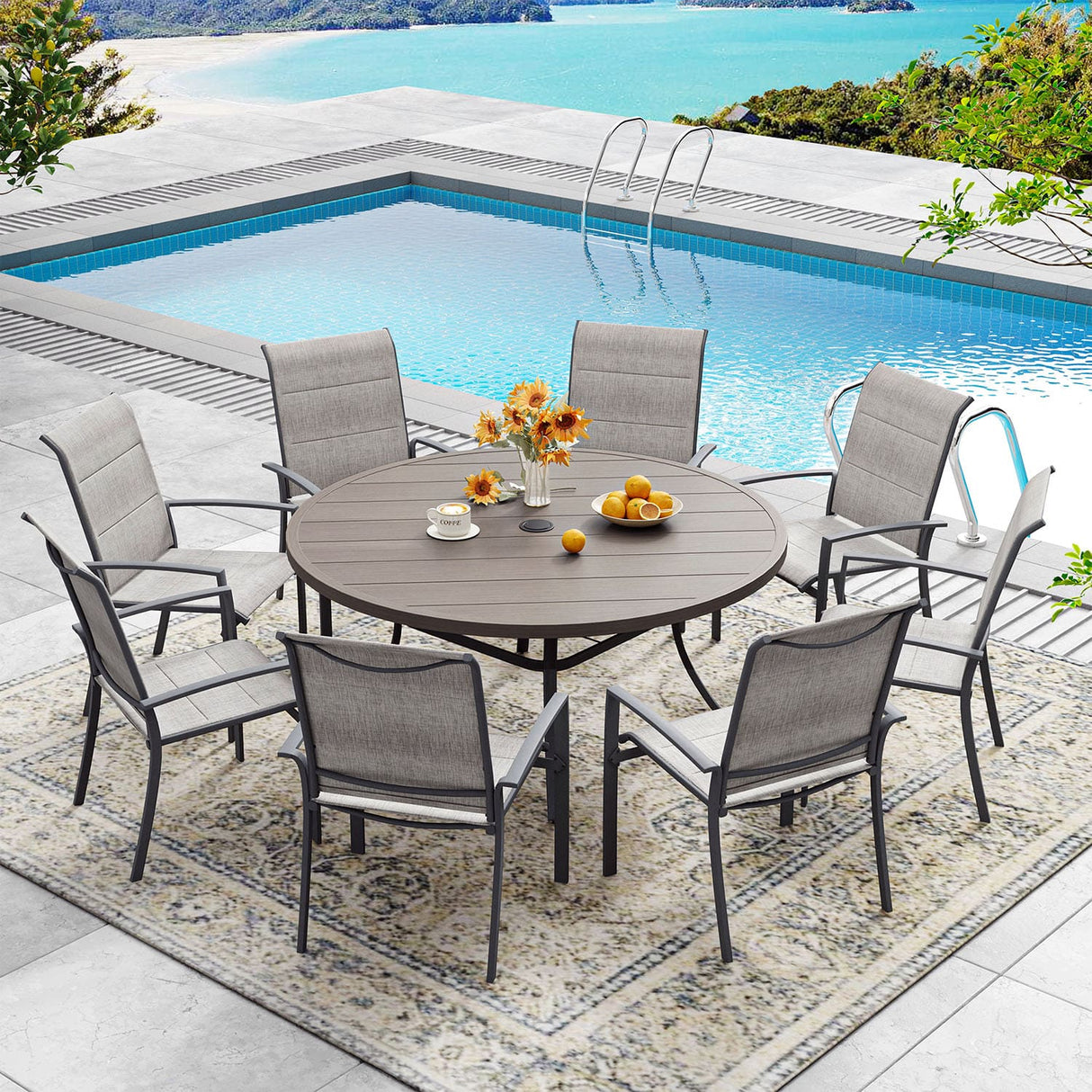 Vicllax 5/7/9 Pcs Outdoor Dining Set, Round Metal Table and Stackable Padded Chair