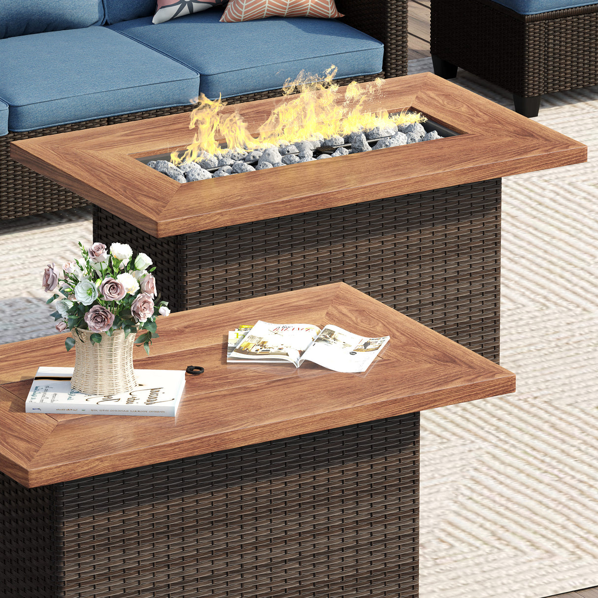 Vicllax Wicker Propane Fire Pit Table, Outdoor 50,000 BTU Gas Fire Pit