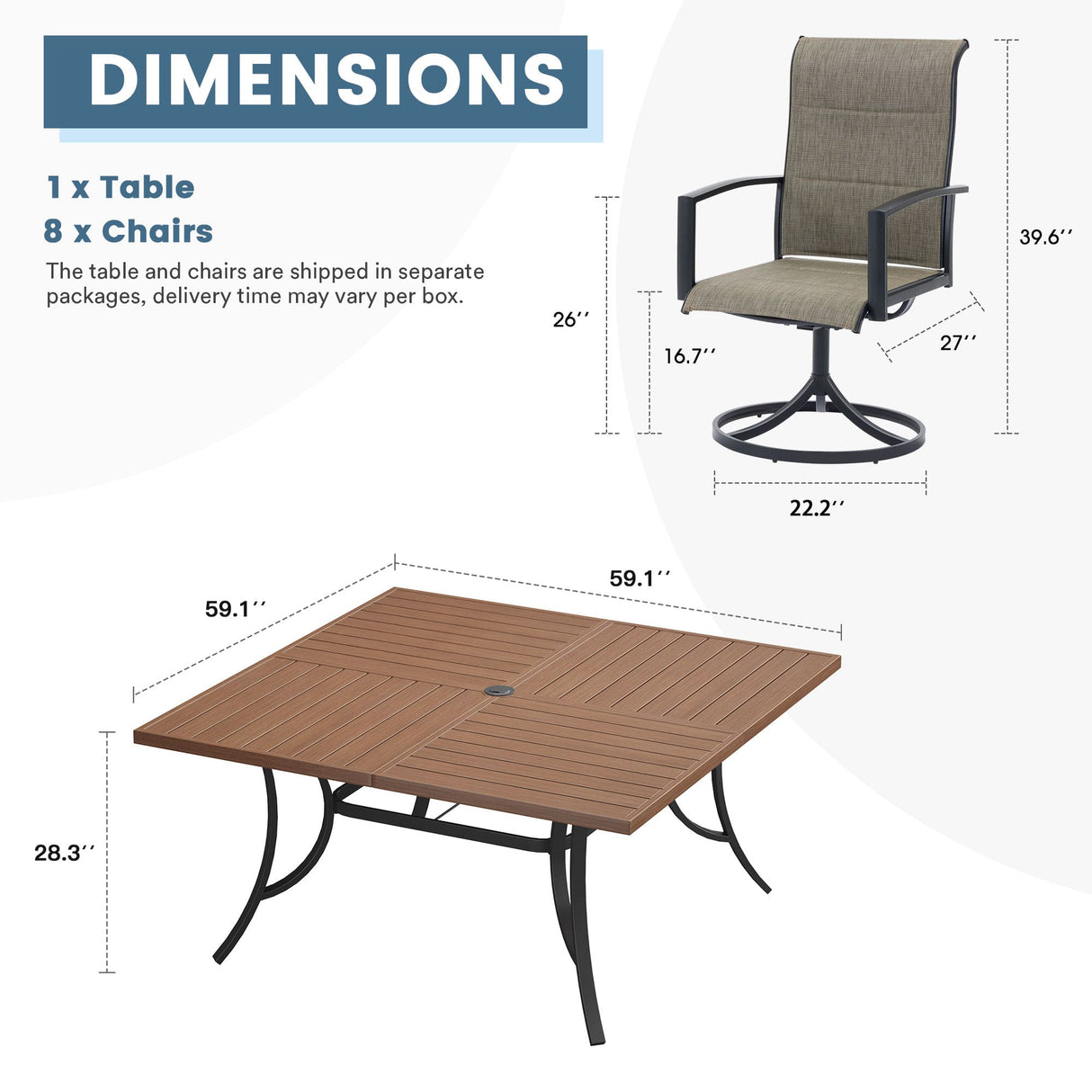 Vicllax 9 Pieces Outdoor Dining Set with 59" Square Dining Table and Swivel Chairs