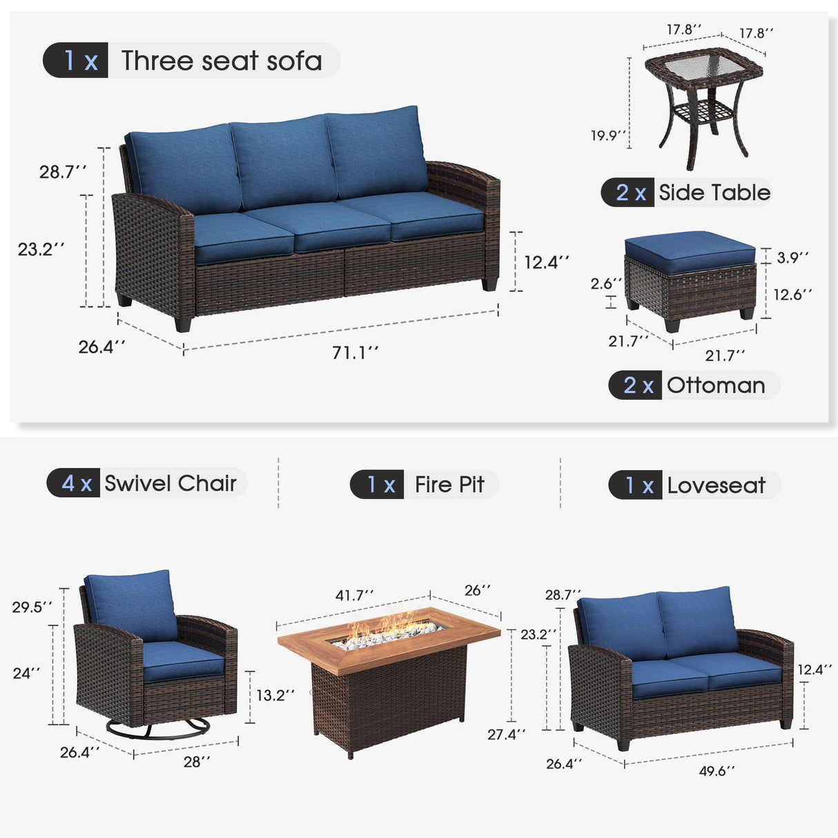 Vicllax Versatile Wicker Patio Set: 7 Seater with Fire Table & Ottoman