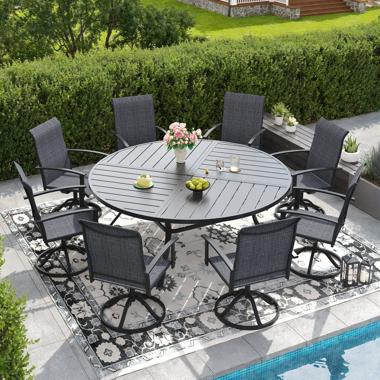 VICLLAX 9-pcs Outdoor Dining Set, 63” Round Metal Table with Umbrella Hole & 8 Swivel Textilene Chairs