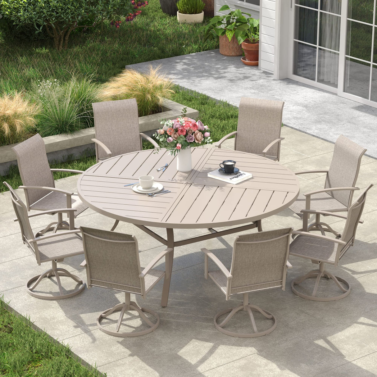 VICLLAX 9-pcs Outdoor Dining Set, 60” Round Metal Table with Umbrella Hole & 8 Swivel Textilene Chairs