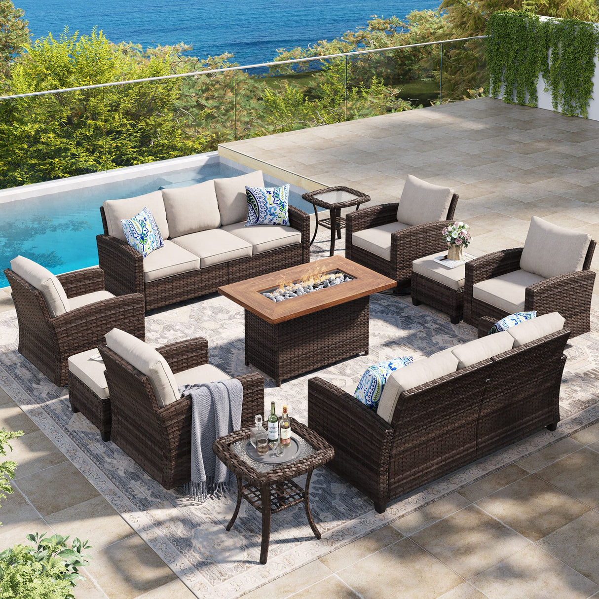 Vicllax Versatile Wicker Patio Set: 9 Pieces with Fire Table & Ottoman