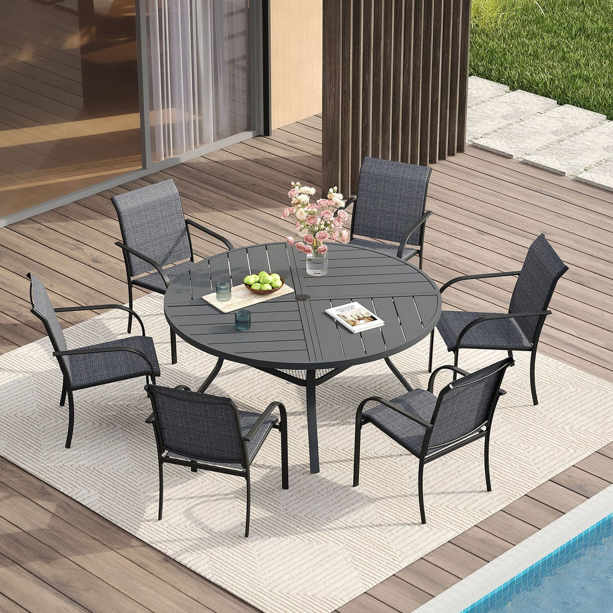 Vicllax Round Patio Dining Table for 4/6/8, Outdoor Large Metal Table