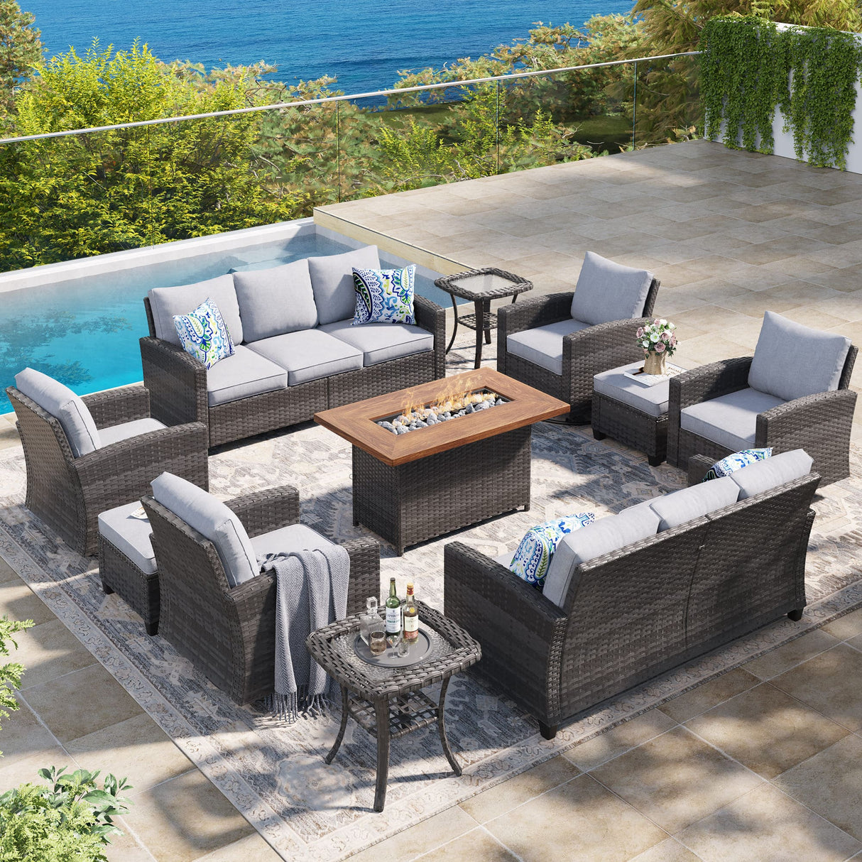 Vicllax Versatile Wicker Patio Set: 9 Pieces with Fire Table & Ottoman