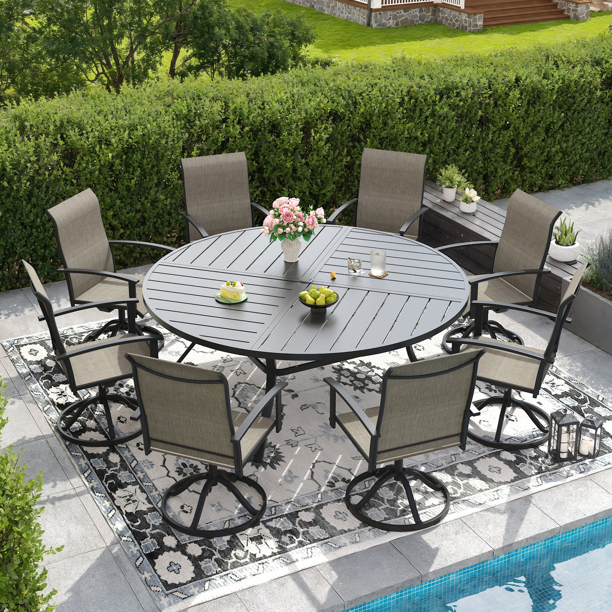 VICLLAX 9-pcs Outdoor Dining Set, 63” Round Metal Table with Umbrella Hole & 8 Swivel Textilene Chairs