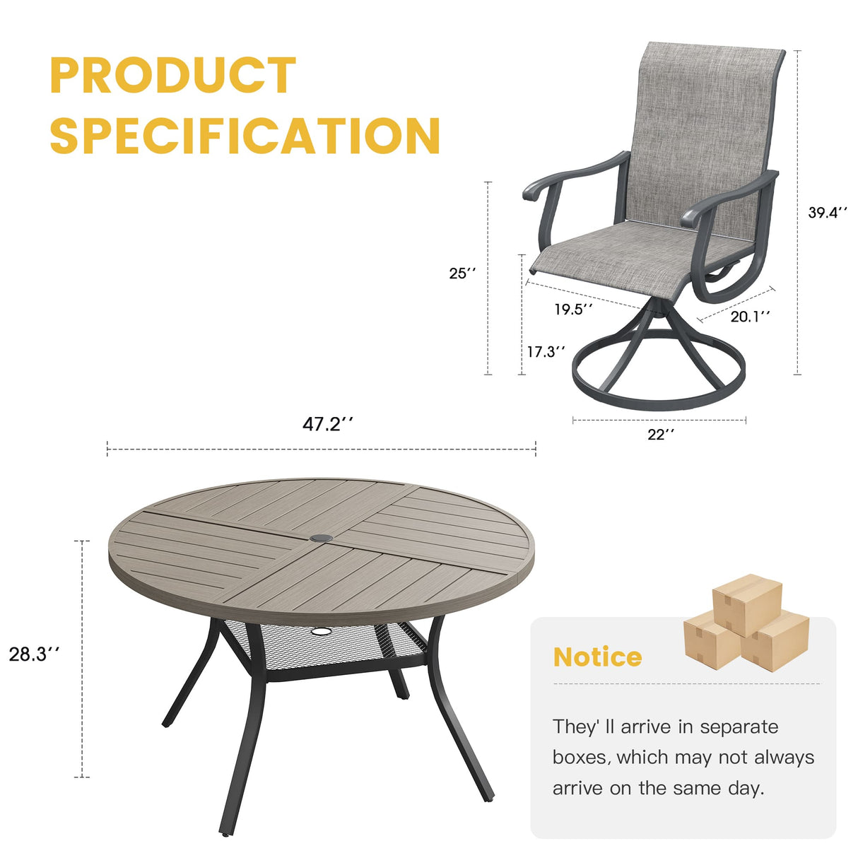 Vicllax 5 Pieces Outdoor Dining Set, 47.2" Metal Round Dining Table and Premium Swivel Chairs