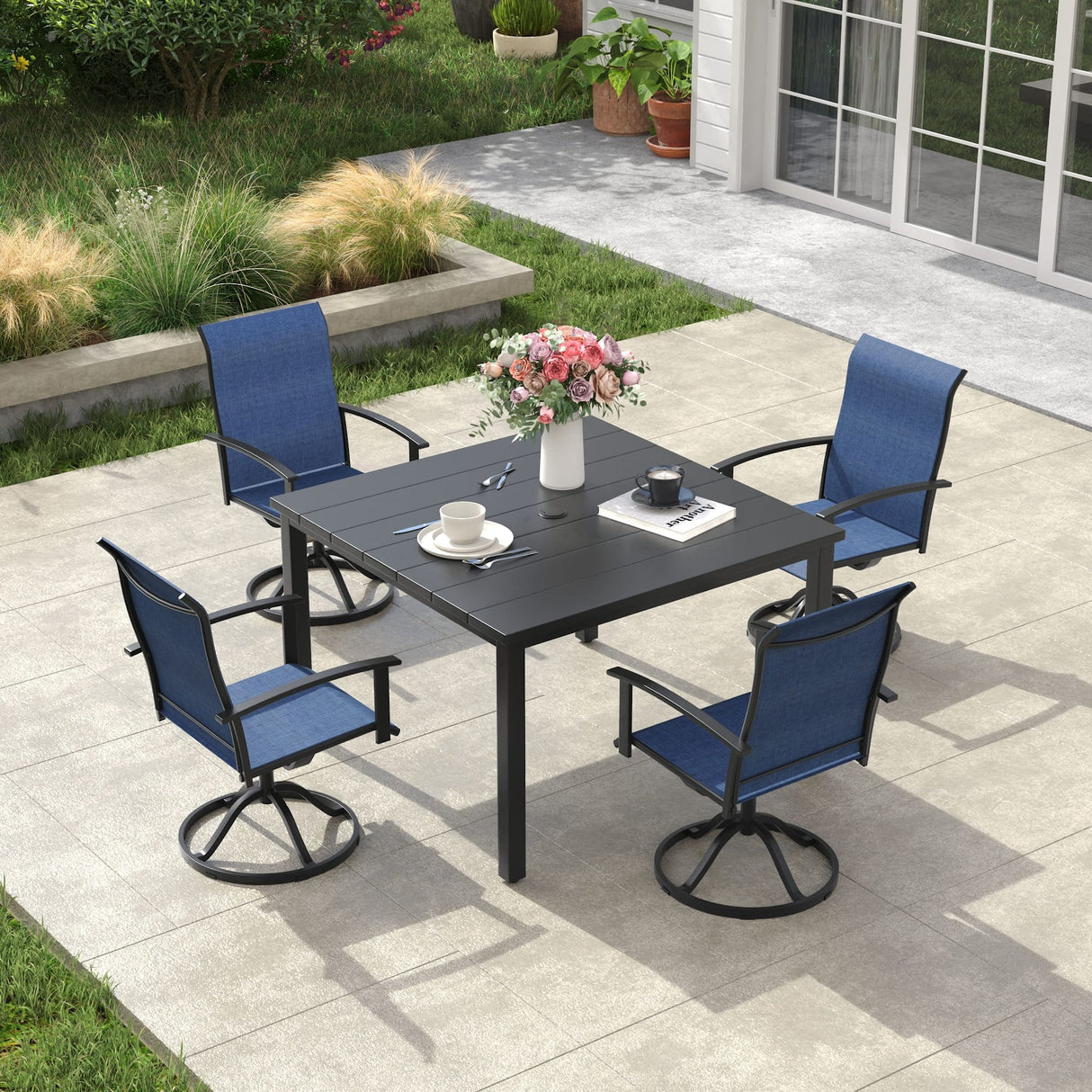 Vicllax 5pcs Outdoor Dining Set, Square Metal Table and 4 Textilene Swivel Chairs