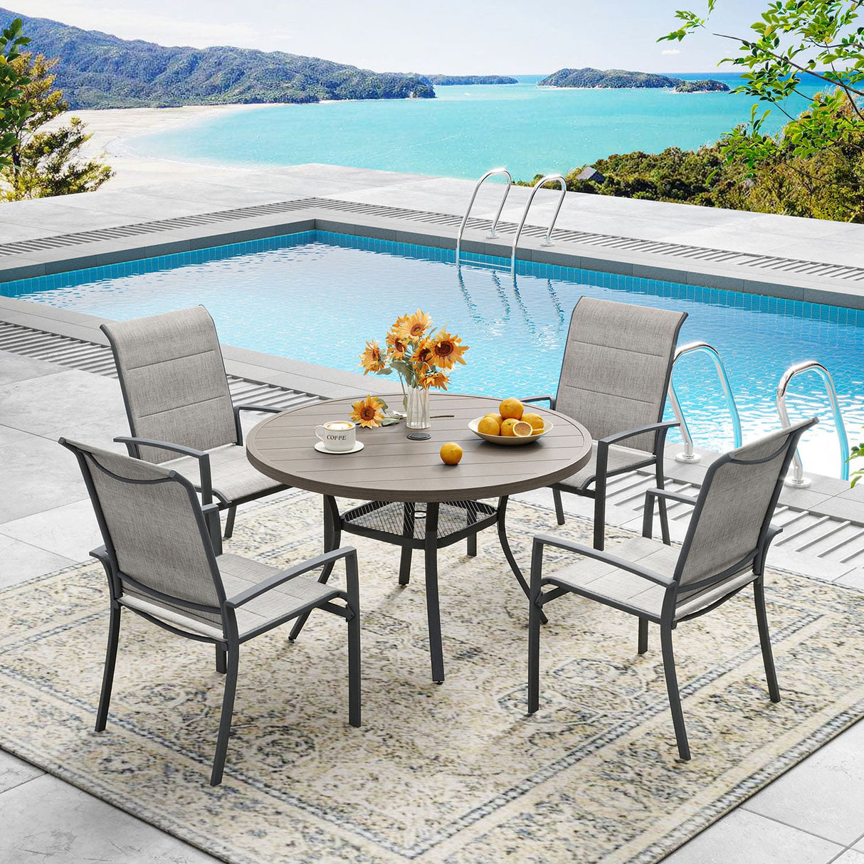 Vicllax 5/7/9 Pcs Outdoor Dining Set, Round Metal Table and Stackable Padded Chair