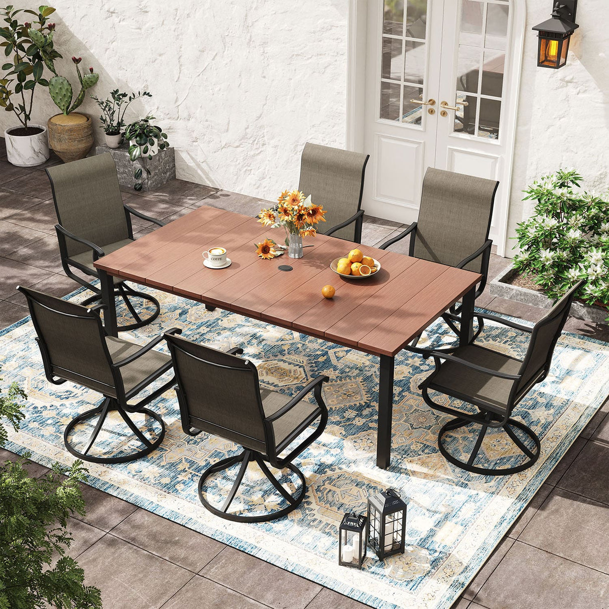 Vicllax 7 Pieces Outdoor Dining Set with Rectangular Dining Table and Swivel Chairs