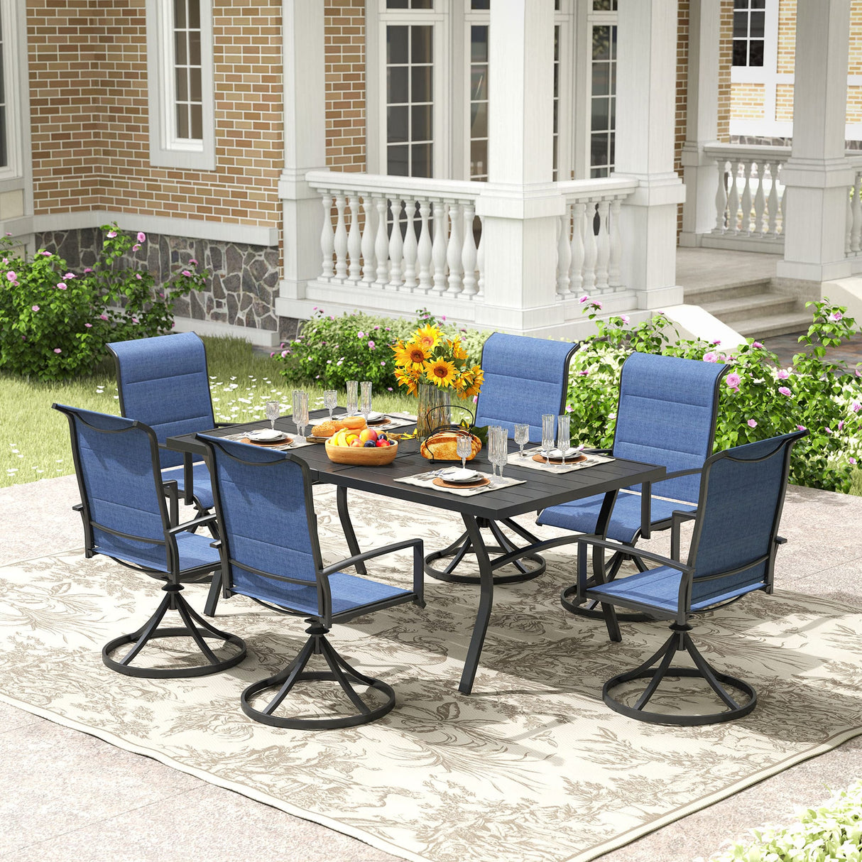 Vicllax 7 Pieces Outdoor Dining Set with Metal Rectangular Table and Padded Swivel Chair