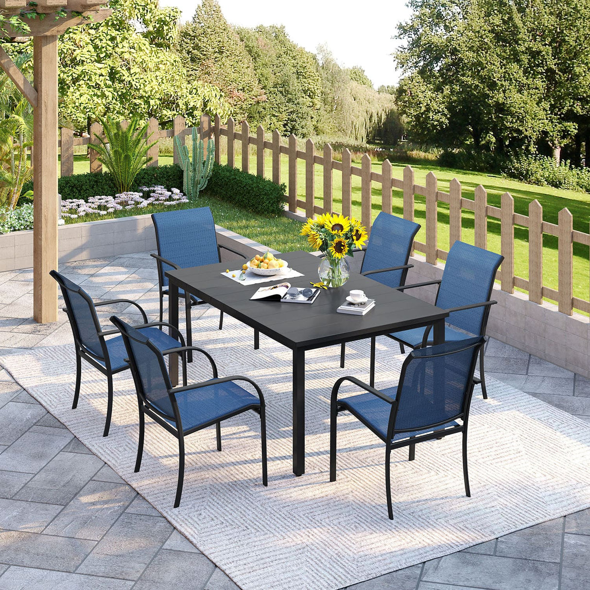 Vicllax 7 Pieces Outdoor Dining Set with Metal Rectangular Table and Stackable Sling Chair