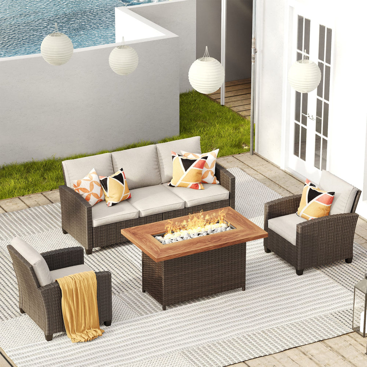 Vicllax Patio Furniture Set, Wicker Outdoor Conversation Set with Cushioned Sofa Chairs Fire Pit Table and Ottomans