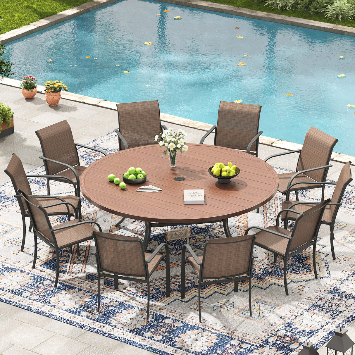 VICLLAX 11-Pcs Outdoor Dining Set, 63” Round Metal Table with Umbrella Hole & 10 Stackable Chairs