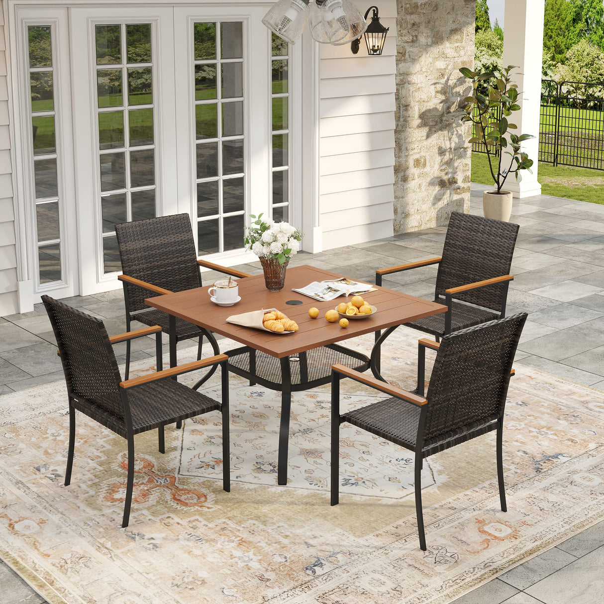 Vicllax 5 Pieces Outdoor Dining Set, 37.8"Square dining Table and 4 Stackable Metal Armchairs