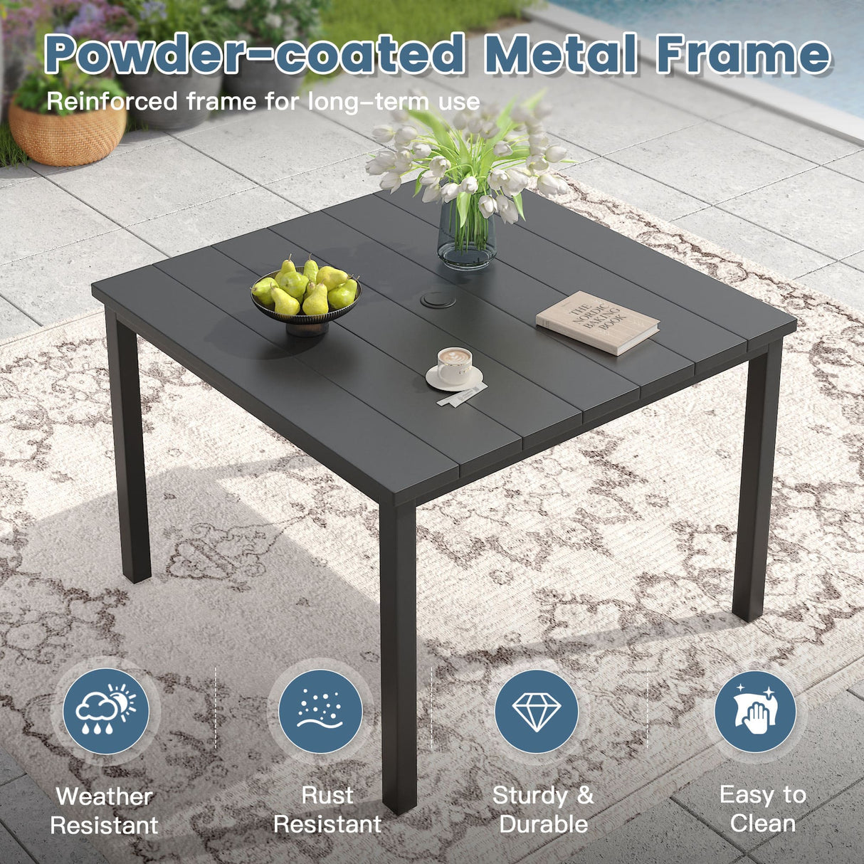 Vicllax 5pcs Outdoor Dining Set, Square Metal Table and 4 Textilene Swivel Chairs