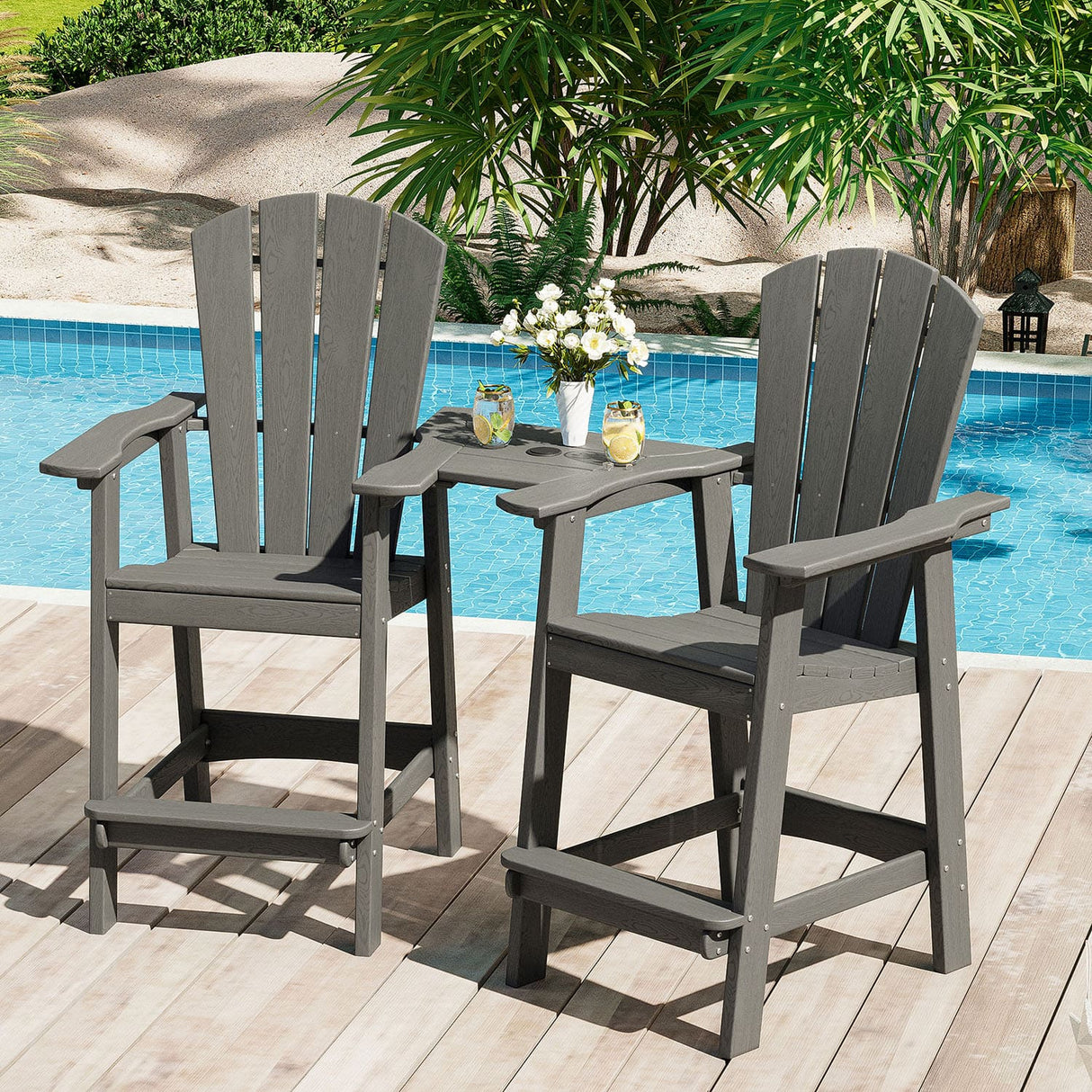 Vicllax Outdoor HDPE Adirondack Bar Chair, Patio Bar Stools with Umbrella Hole