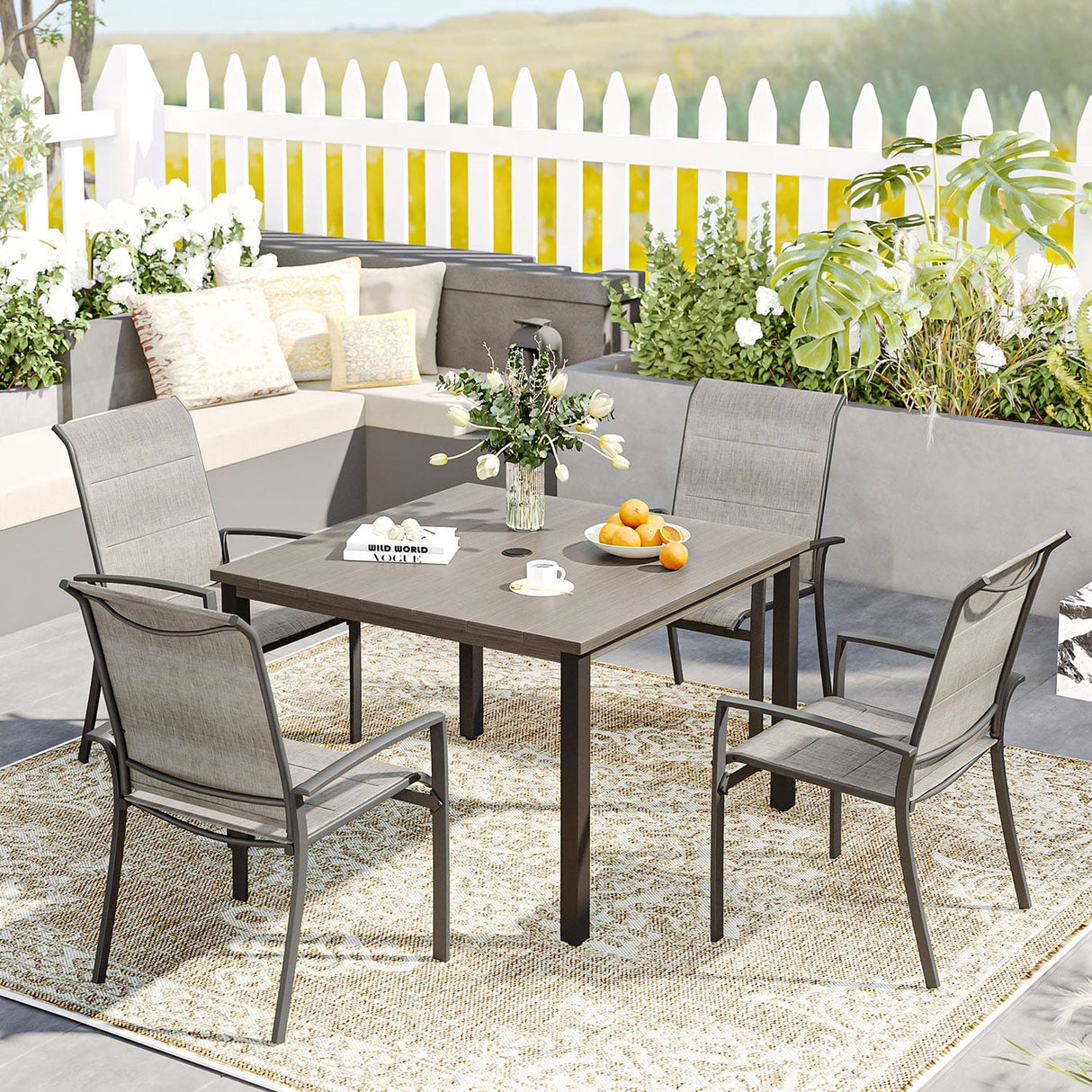 Vicllax 5 Pieces Outdoor Dining Set with 40" Square Table and Padded Stackable Chairs