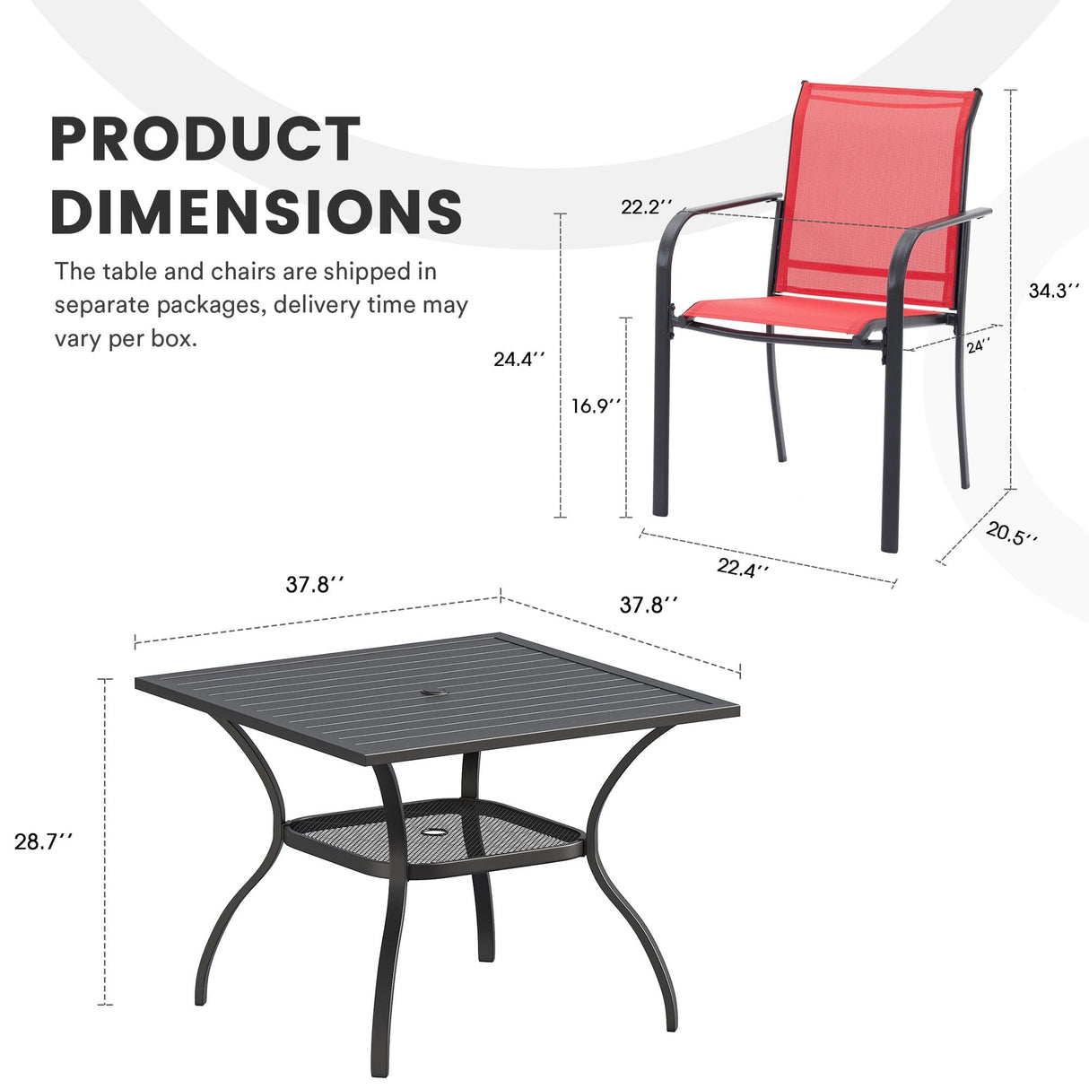 Vicllax 5 Pieces Outdoor Dining Set, 37.8" Square Metal Table and Stackable Sling Chairs